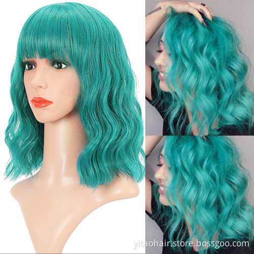 Wavy Bob Wigs with Bangs for Women Wholesale Short Colored Synthetic Hair Wigs Shoulder Length Pastel Bob Synthetic Cosplay Wig